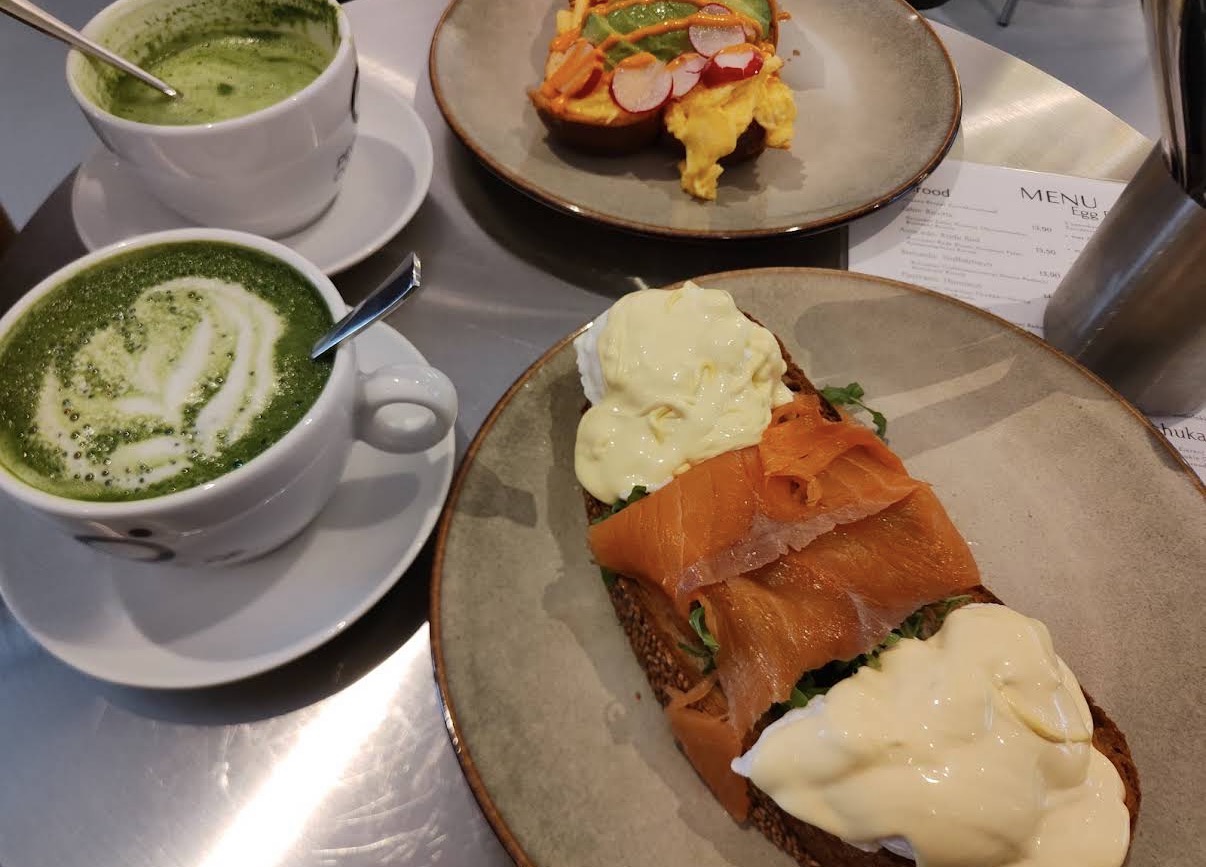 Salmon eggs benedict with matcha lattes